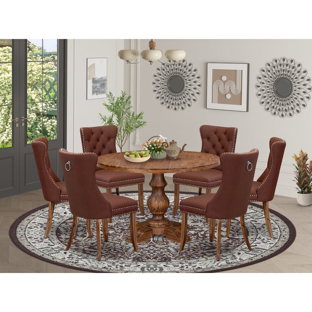 7-Pc Dining Table Set Include A Modern Table And 6 Burgundy Upholstered Chairs