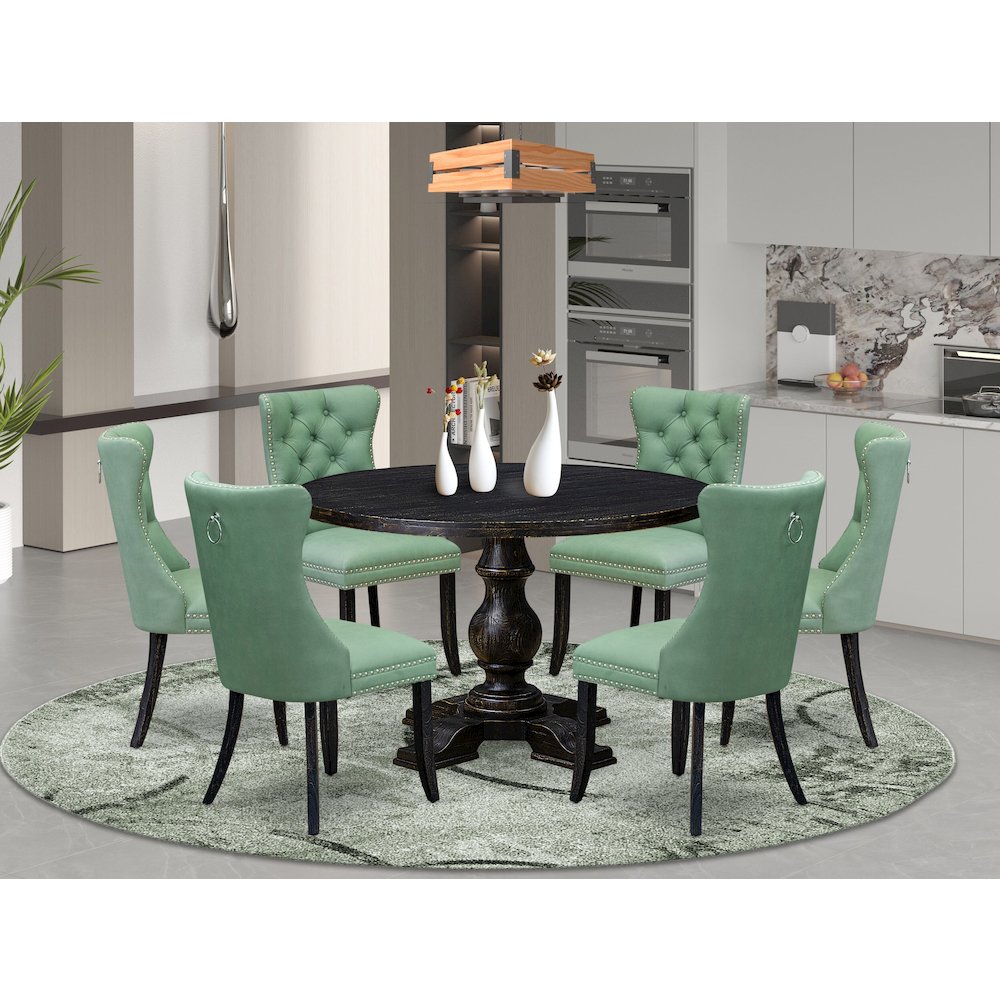 7 Piece Dinette Set Contains 48″ Round Table In Willow Green Color