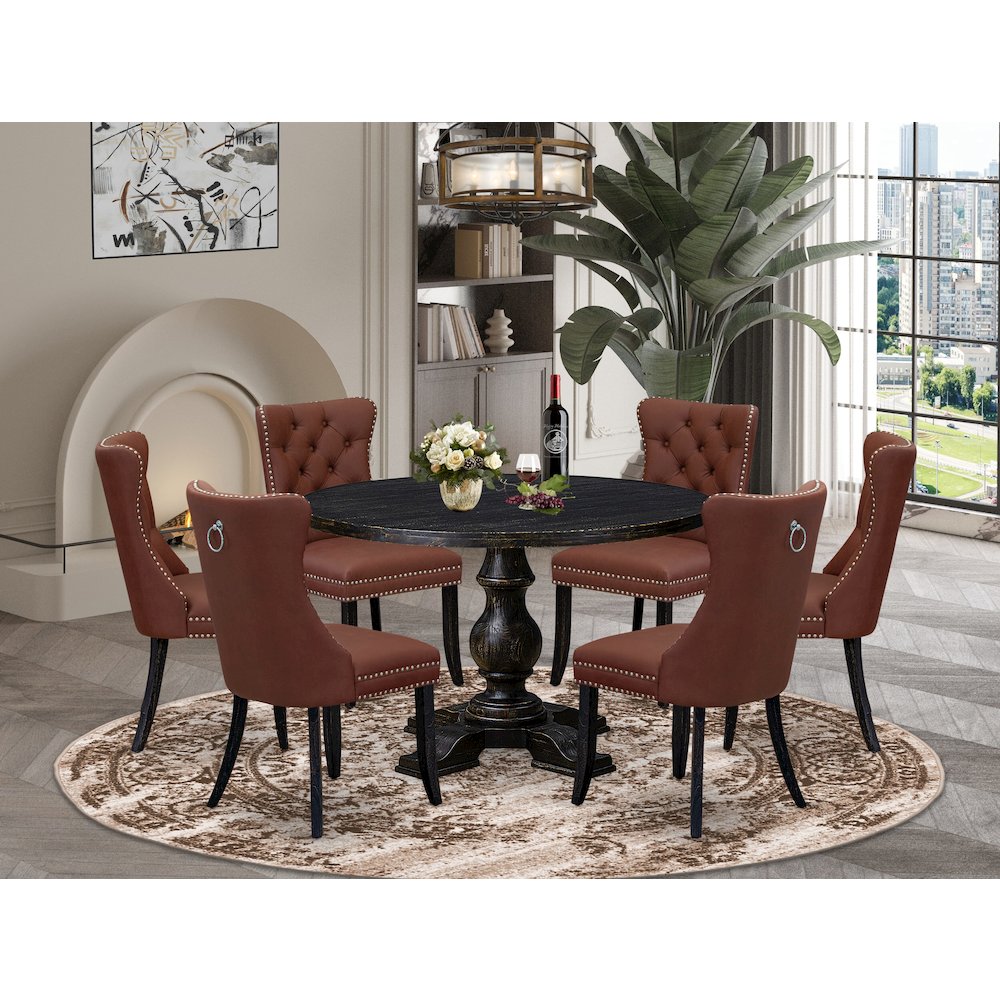 7 Piece Dining Table Set Contains 48″ Round Table In Burgandy Color