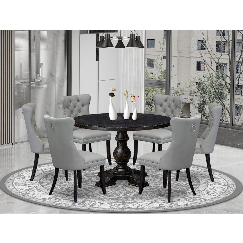 7 Piece Dining Table Set Contains 48″ Round Table In Light Gray Color