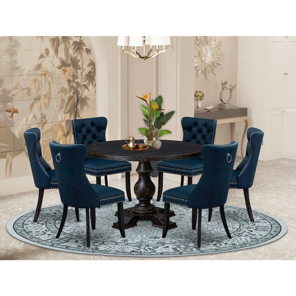 7 Piece Dining Table Set Contains 48″ Round Table In Navy Blue Color