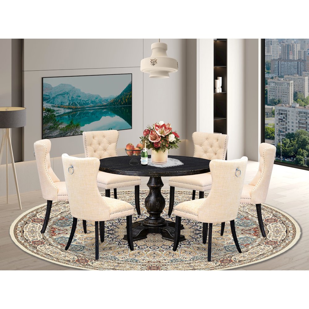 7-Piece Dinette A Modern Table And 6 Light Beige Linen Fabric Dining Chair