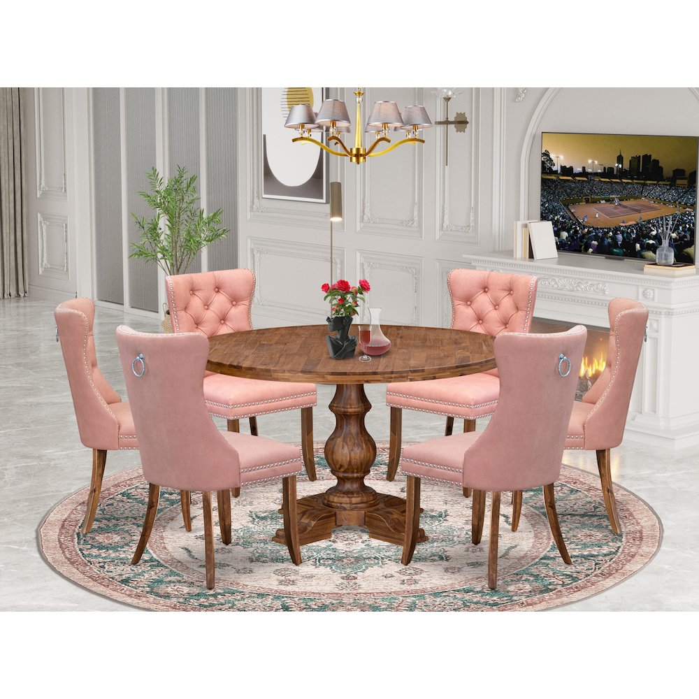 7-Pc Dinner Table Set Include A Dining Table And 6 Beige Red Upholstered Chairs