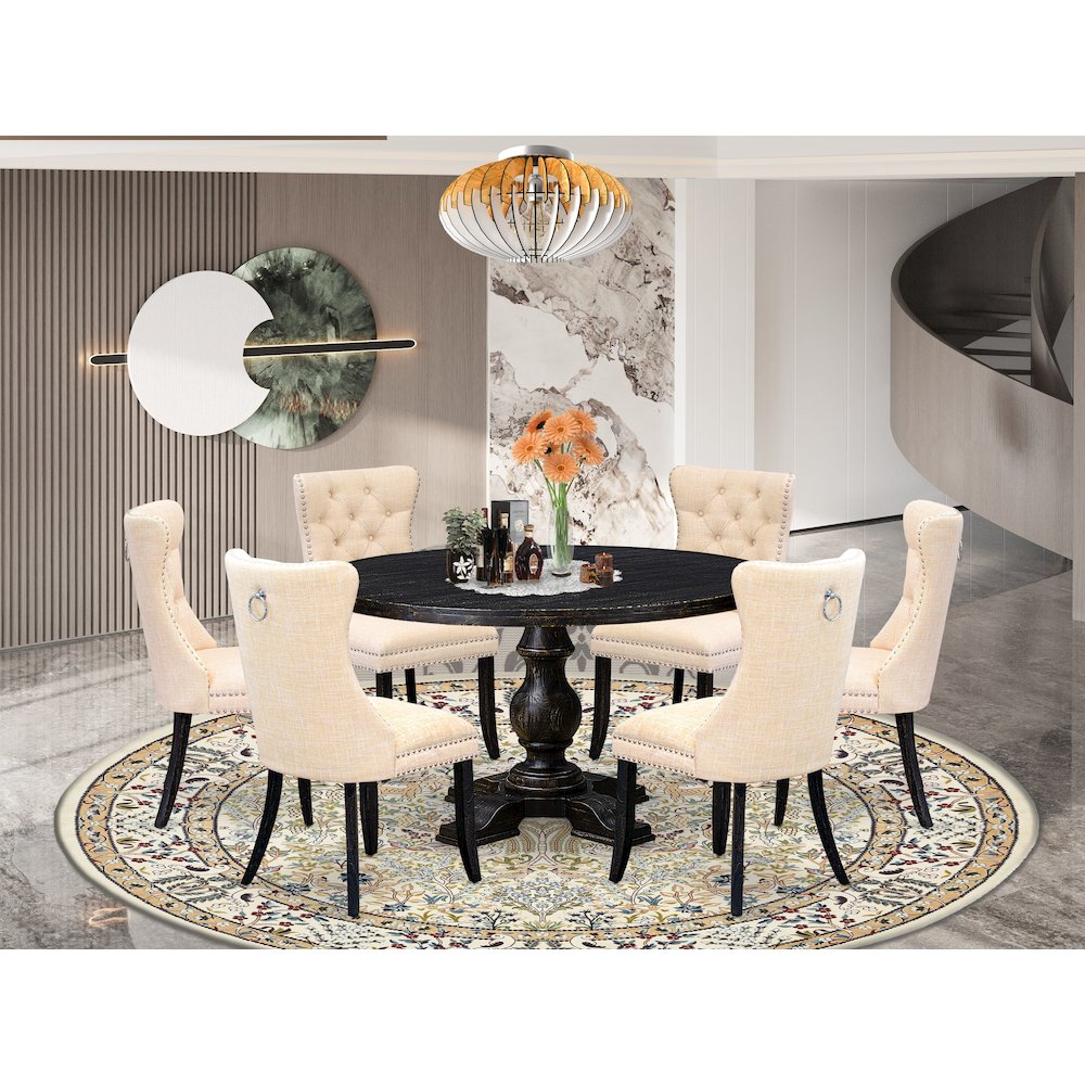 7-Piece Kitchen A Dining Table And 6 Light Beige Linen Fabric Dinner Chairs