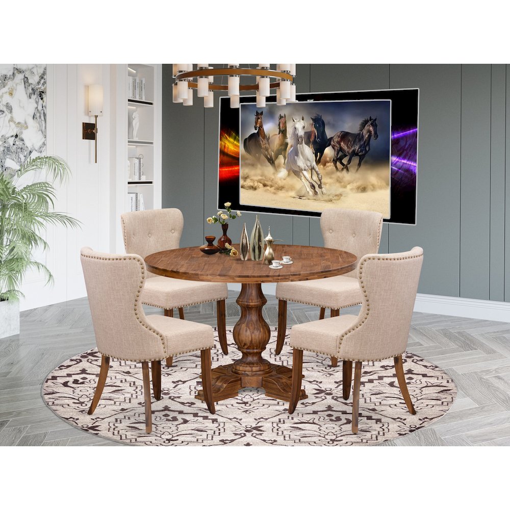 5 Piece Dining Set For 4 Contains 48″ Round Table In Light Tan Color