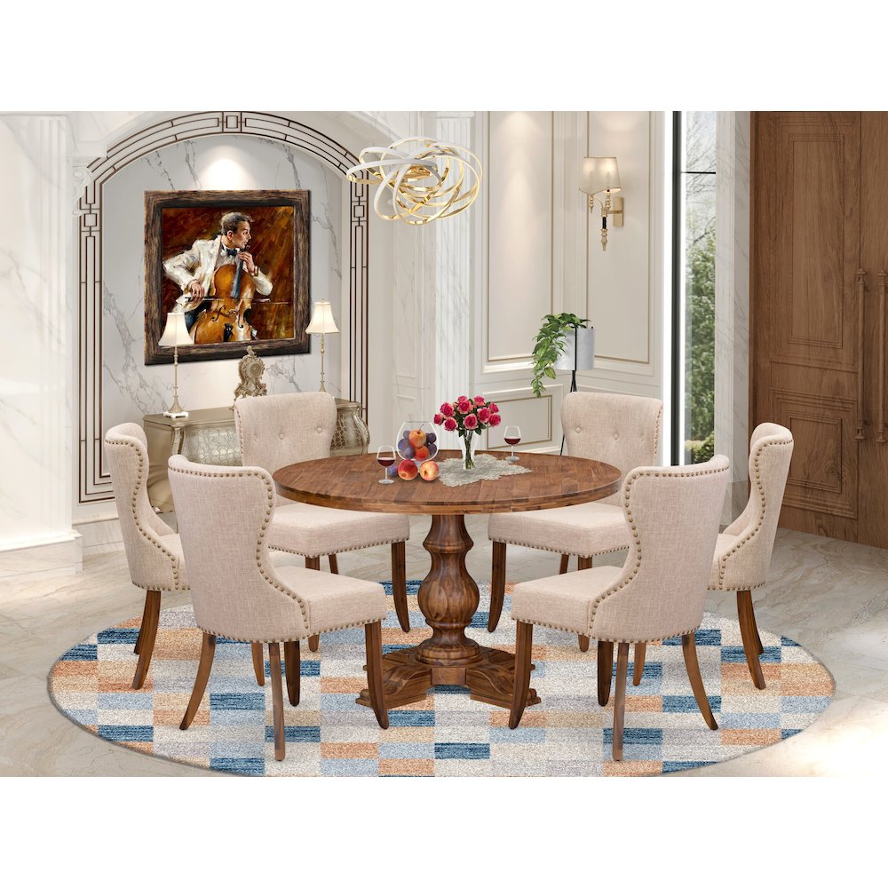 7 Piece Kitchen Table Set Includes 48″ Round Table In Light Tan Color