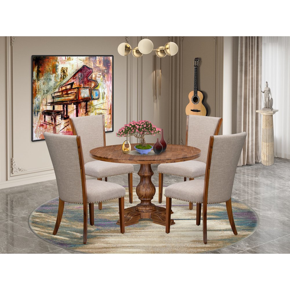 5 Piece Dining Set Consists Of 48″ Round Kitchen Table In Light Tan Color