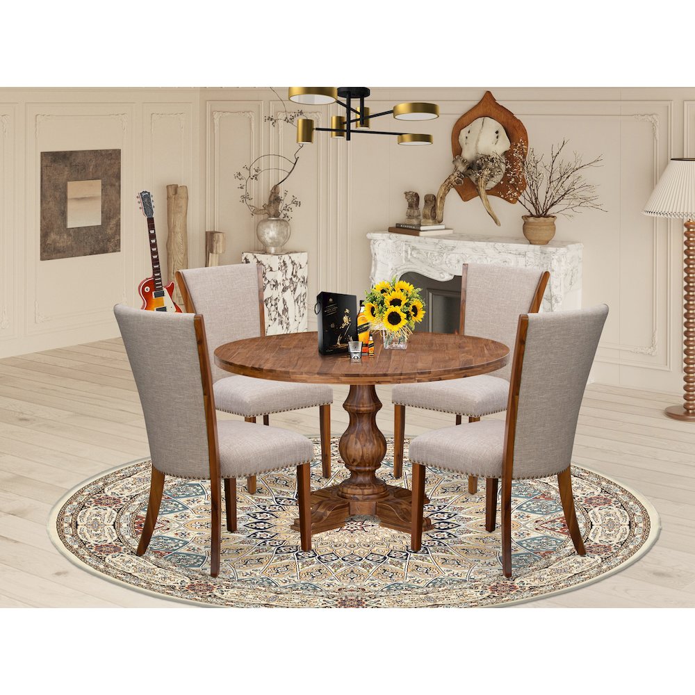 5 Piece Dining Table Set Contains 54″ Round Table In Light Tan Color