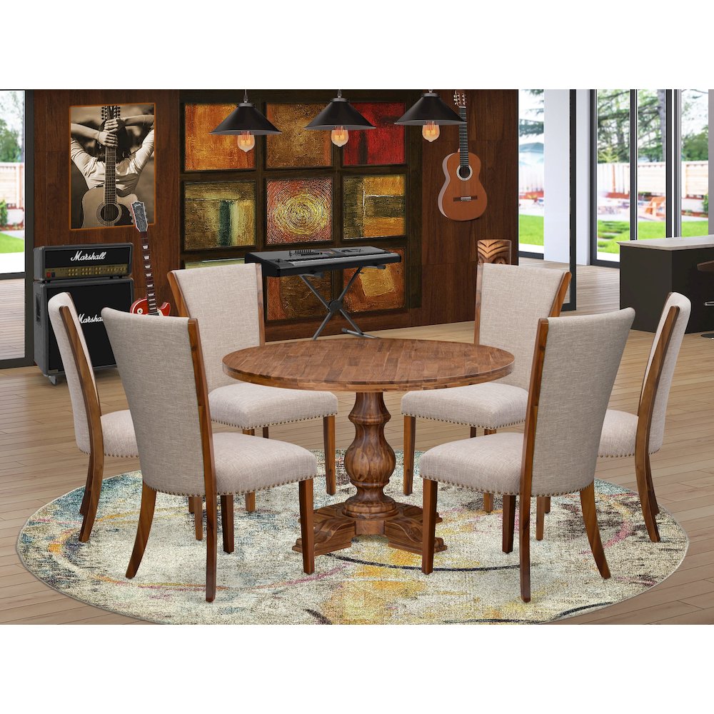 7 Piece Kitchen Table Set Contains 48″ Round Table In Light Tan Color