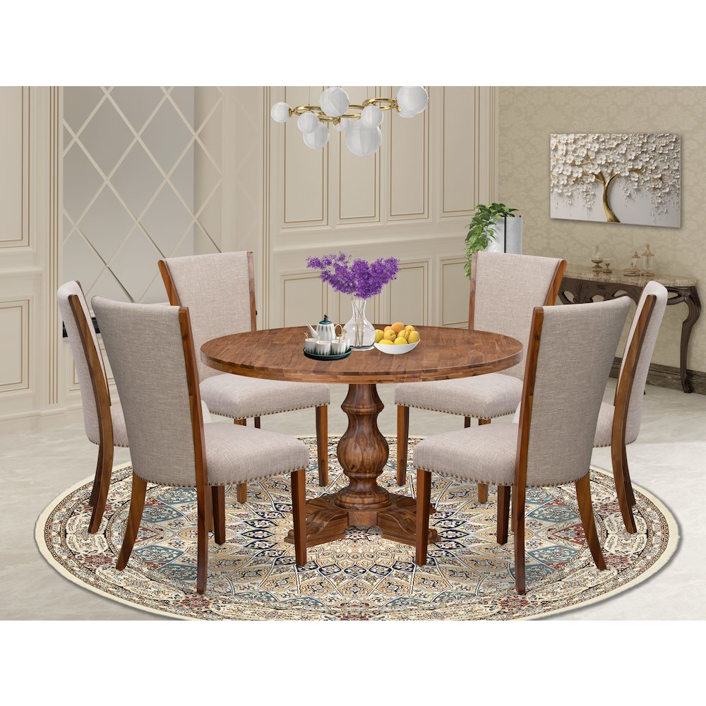 7 Piece Dining Set Includes 54″ Round Table In Light Tan Color