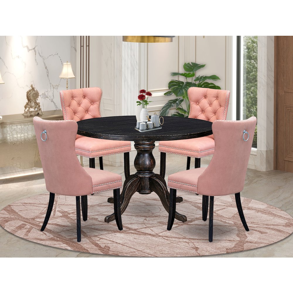 5 Piece Dining Set For 4 Includes 48″ Round Table In Beige Red Color