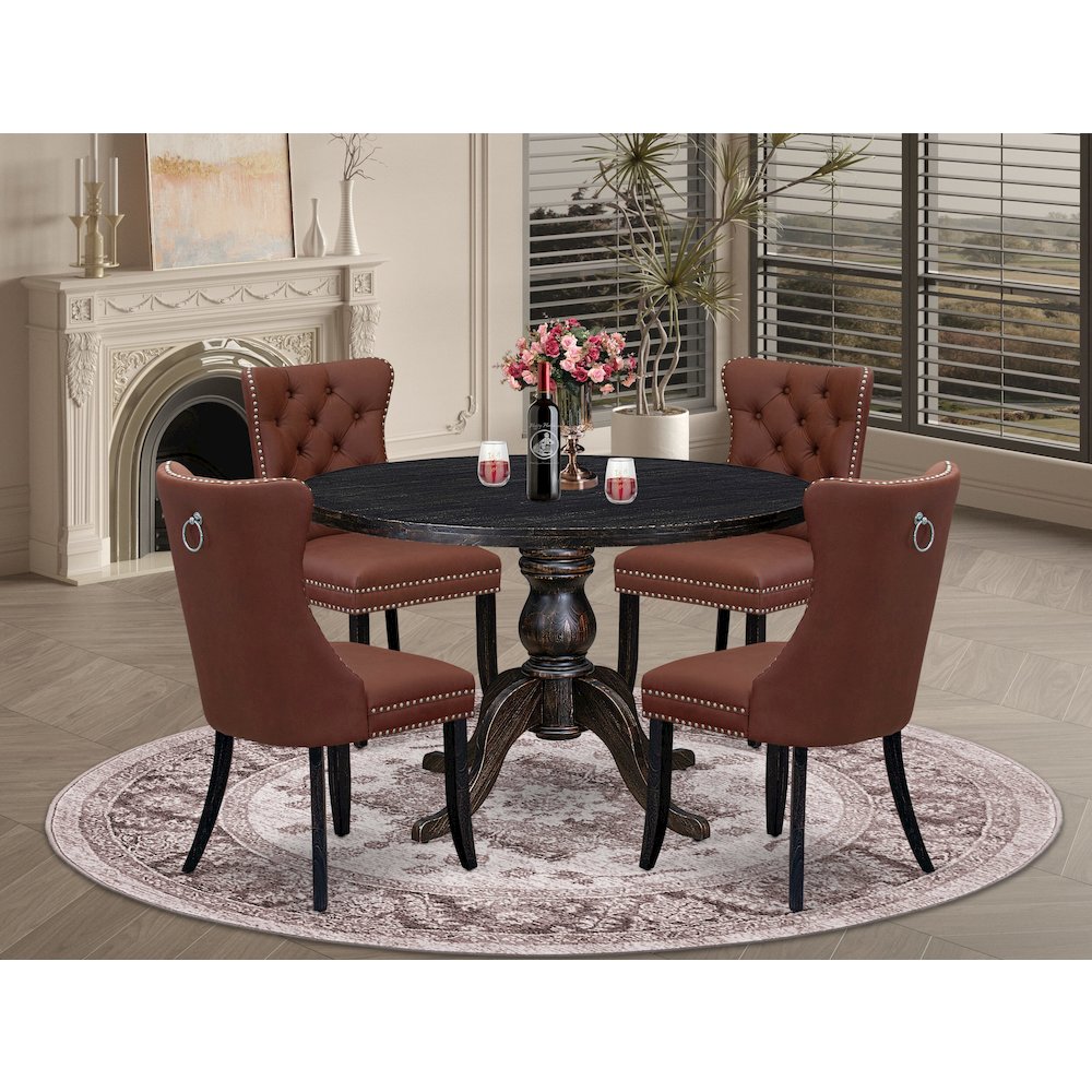 5 Piece Dining Table Set Includes 48″ Round Table In Burgandy Color