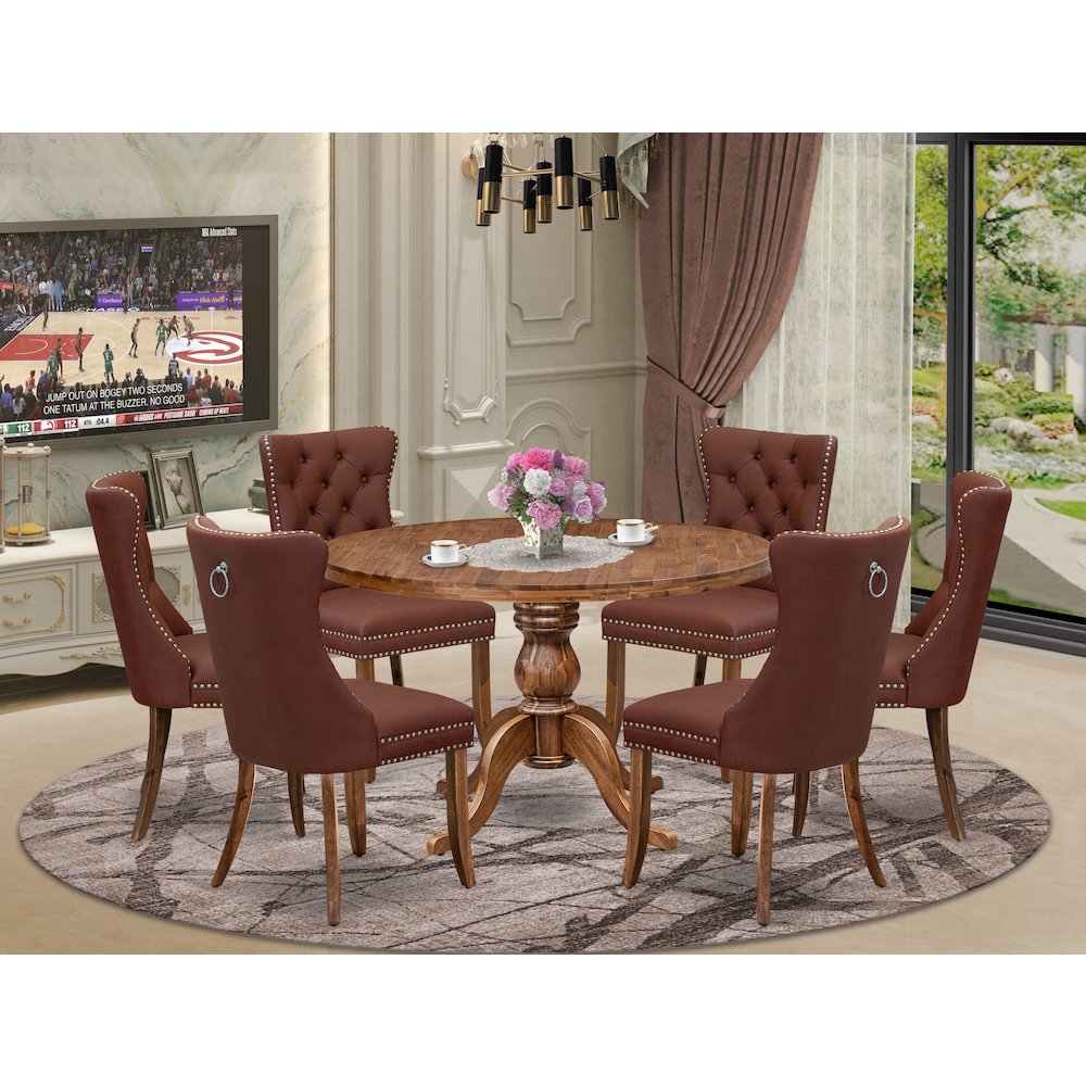 7-Pc Dinner Table Set Contain A Mid Century Dining Table And 6 Burgundy Chairs