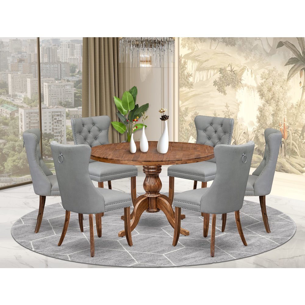 7-Pc Dining Set Contain A Mid Century Dining Table And 6 Light Gray Chairs