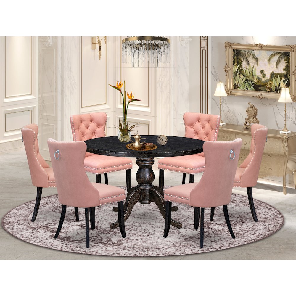 7 Piece Dining Set Consists Of 48″ Round Table In Beige Red Color