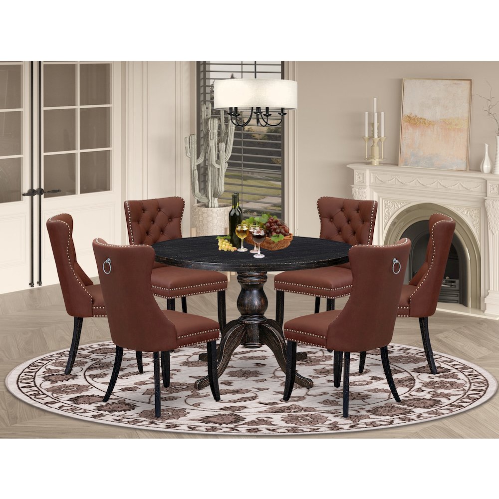 7 Piece Dining Table Set Consists Of 48″ Round Table In Burgandy Color