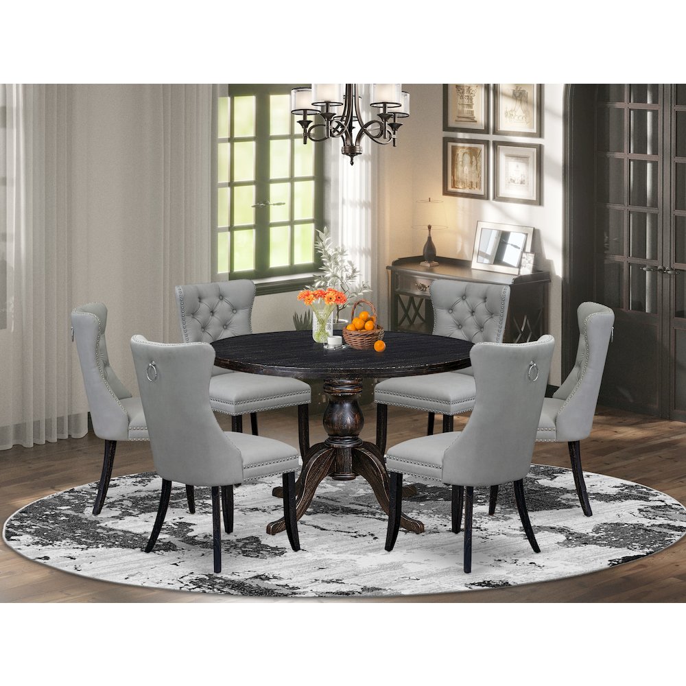 7 Piece Dining Table Set Consists Of 48″ Round Table In Light Gray Color