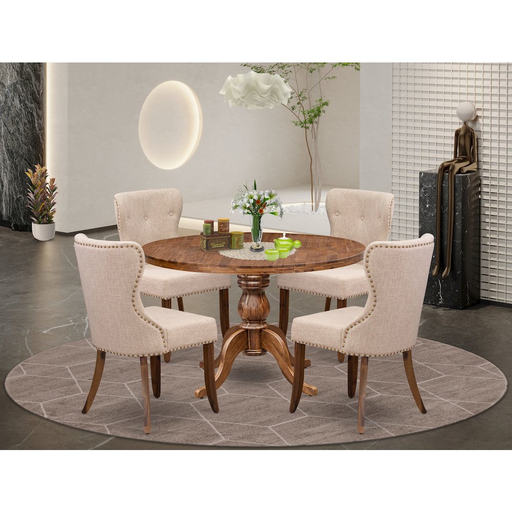 5 Piece Dining Set Consists Of 48″ Round Kitchen Table In Light Tan Color