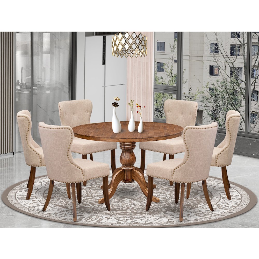 7 Piece Kitchen Table Set Contains 48″ Round Table In Light Tan Color