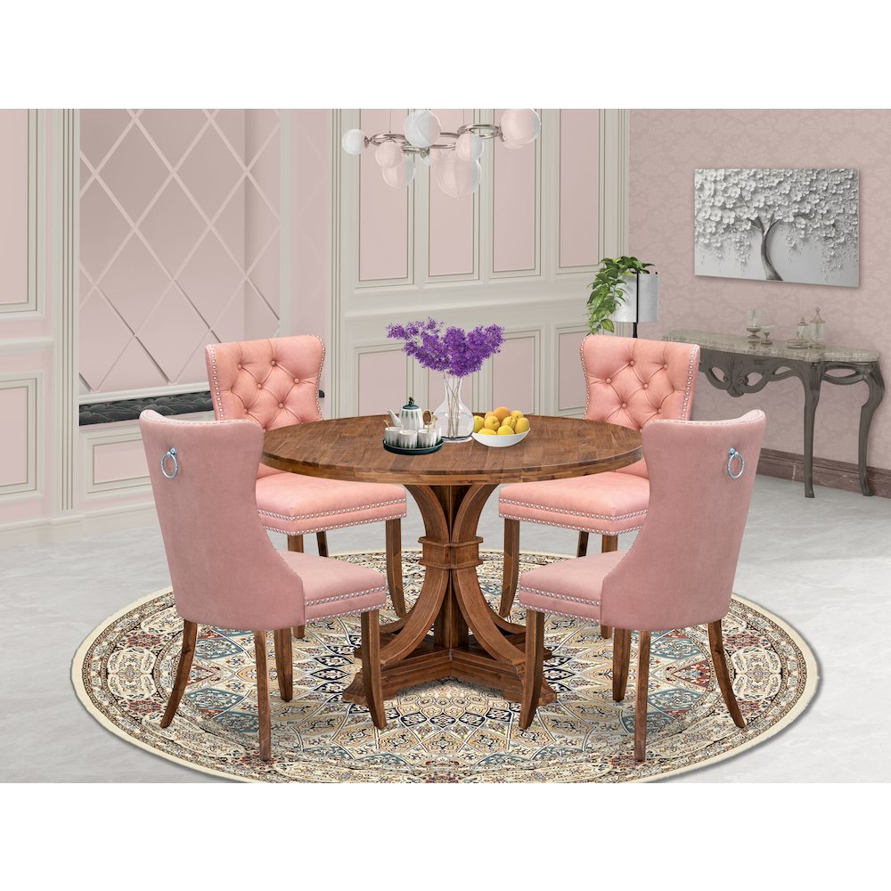 5-Pc Kitchen Dining Set Include A Wooden Table And 4 Beige Red Dining Chairs