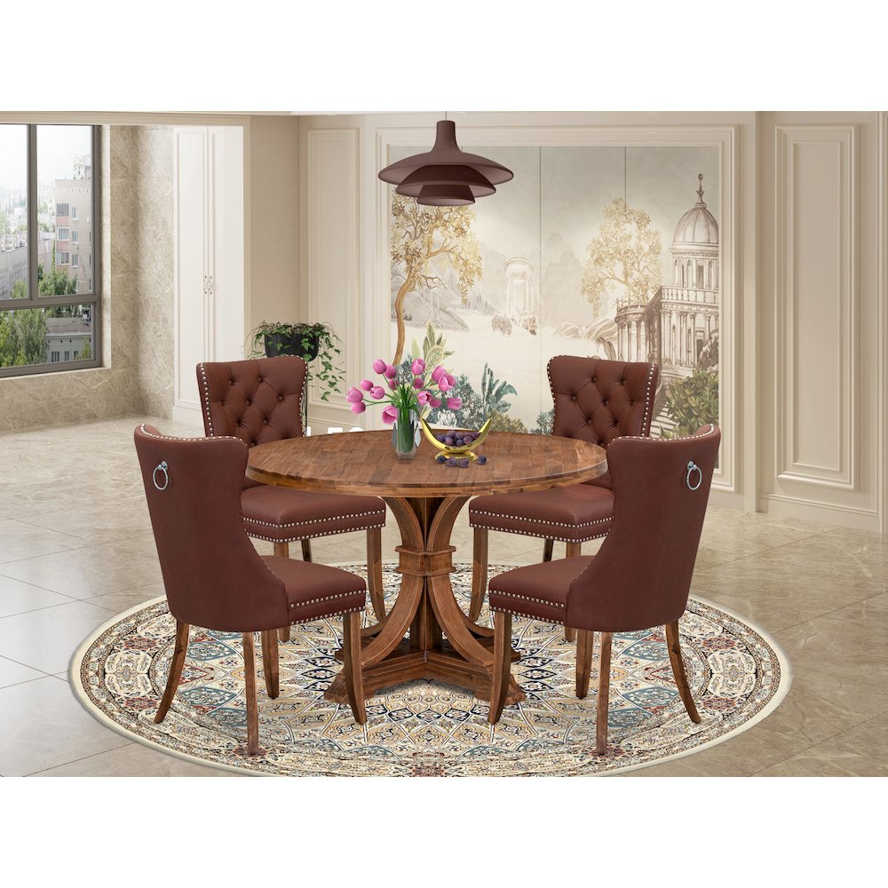 5-Pc Dining Room Table Set Include A Wooden Table And 4 Burgundy Padded Chairs