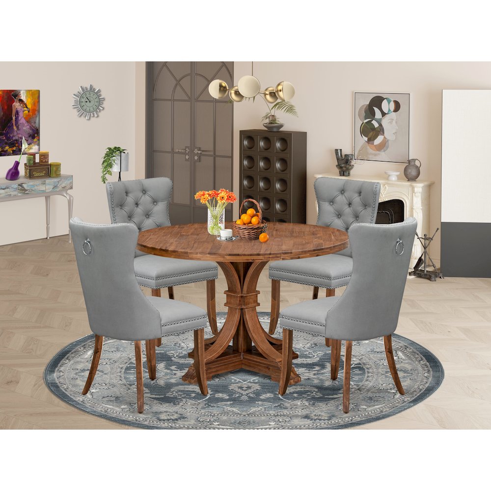 5-Pc Dining Room Set Include A Wooden Table And 4 Light Gray Upholstered Chairs