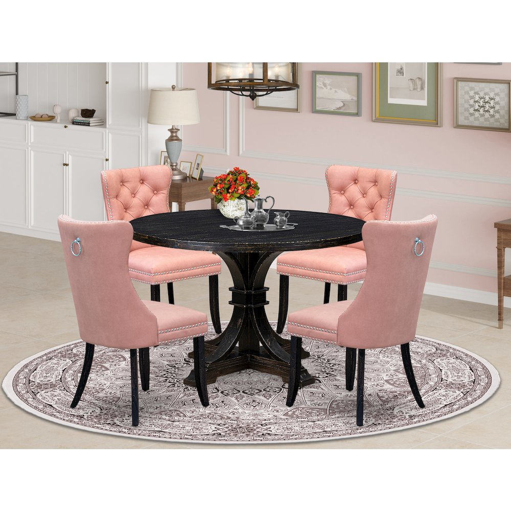 5 Piece Dining Set For 4 Contains 48″ Round Table In Beige Red Color