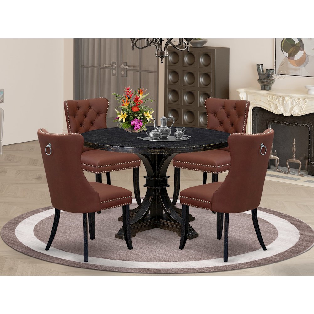 5 Piece Dining Table Set Contains 48″ Round Table In Burgandy Color
