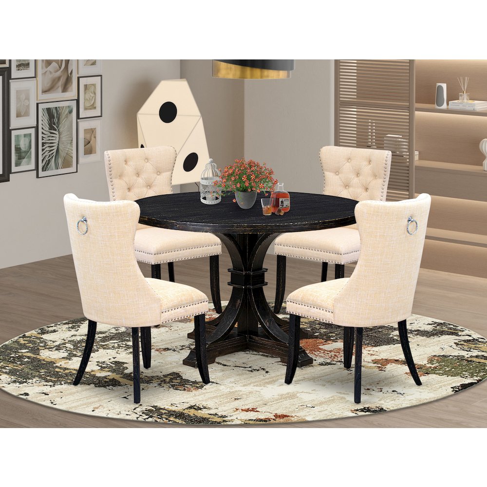 5-Pc Dining Table A Dining Table And 4 Light Beige Linen Fabric Dinner Chairs