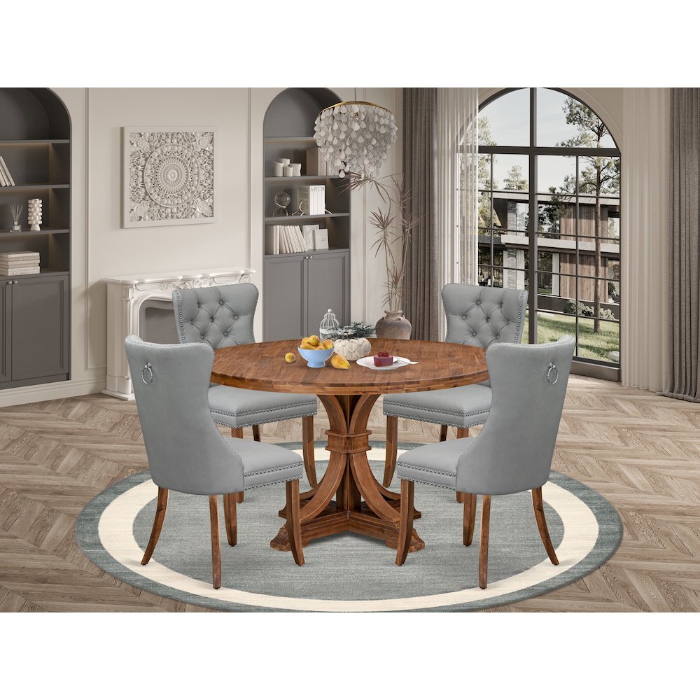 5-Pc Mid Century Dining Set Consist A Kitchen Table And 4 Light Gray Chairs