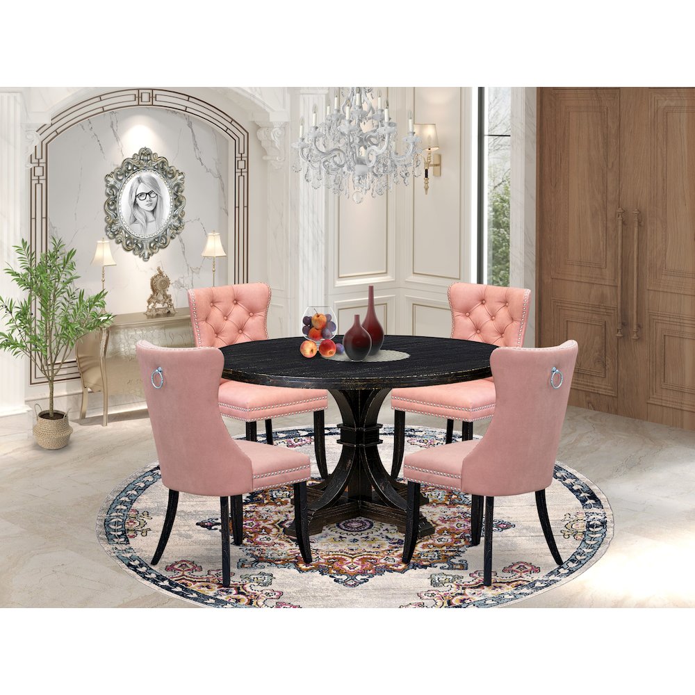 5 Piece Dining Set For 4 Consists Of 54″ Round Table In Beige Red Color