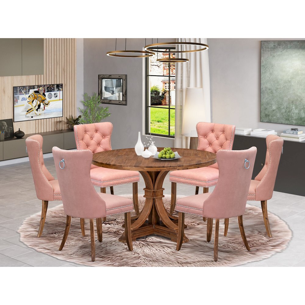 7-Pc Dining Table Set Consist A Dining Table And 6 Beige Red Parsons Chairs