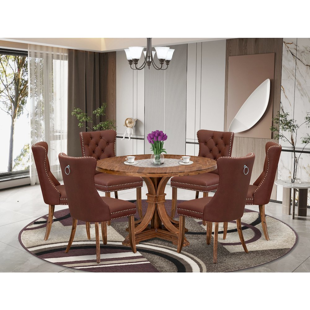 7-Pc Kitchen Table Set Consist A Mid Century Dining Table And 6 Burgundy Chairs