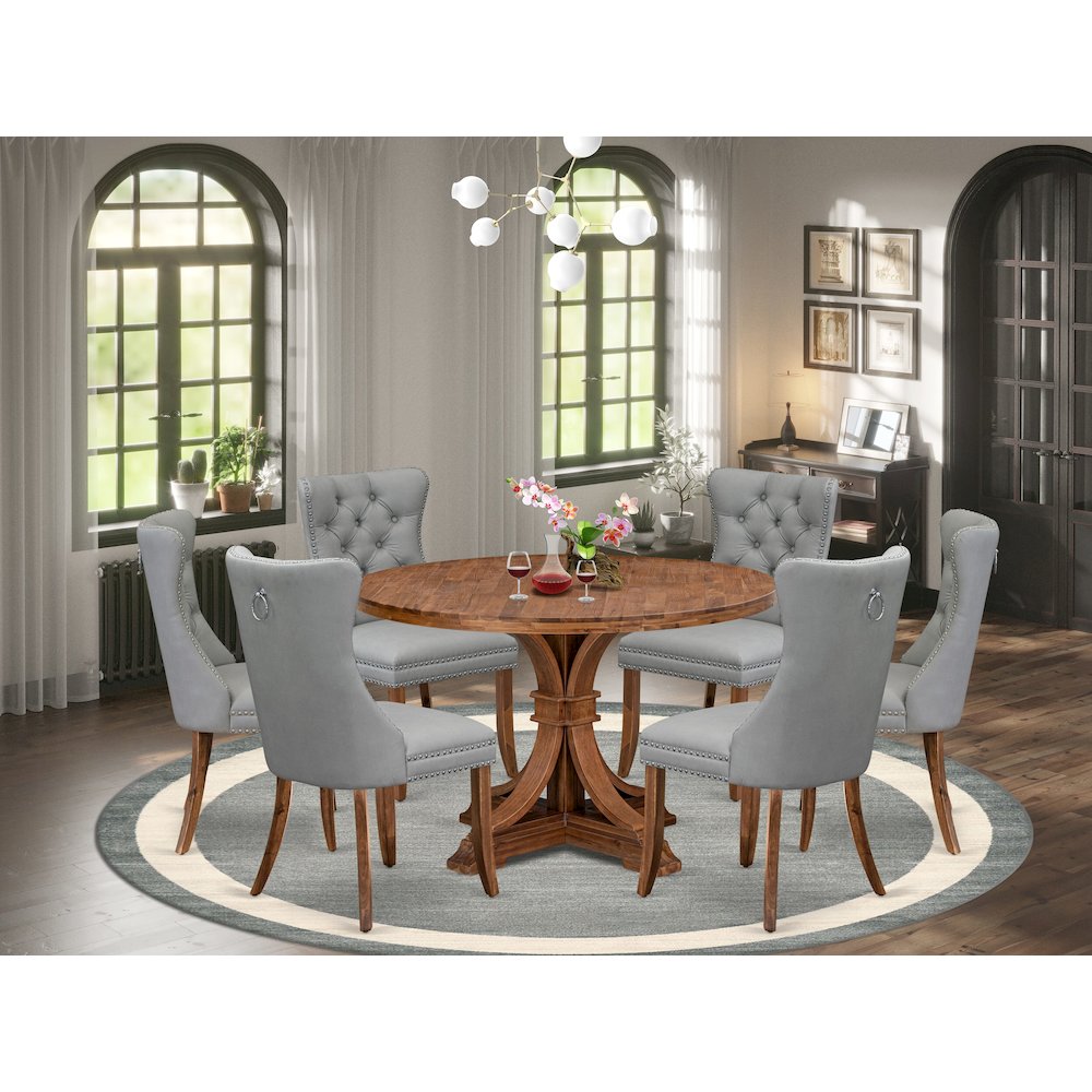 7-Pc Dining Table Set Consist A Mid Century Dining Table And 6 Light Gray Chairs