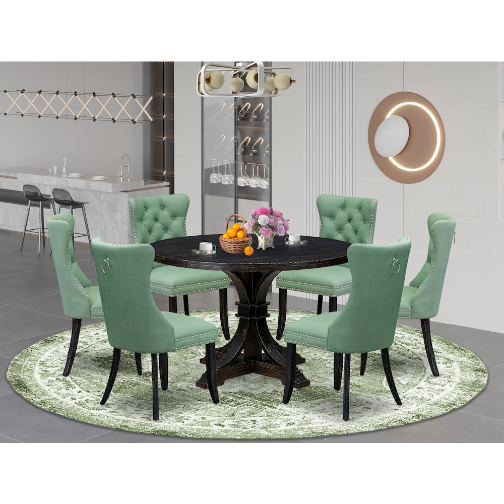7 Piece Dinette Set Includes 48″ Round Table In Willow Green Color