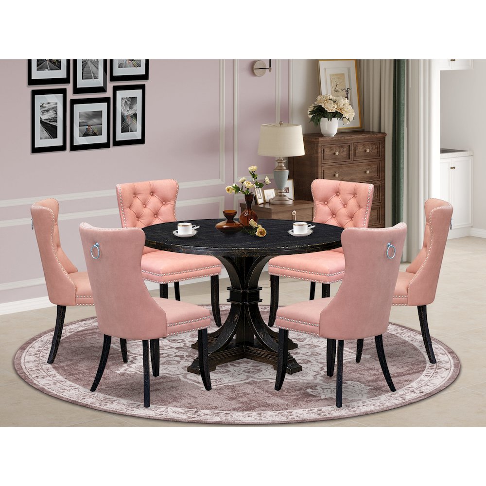 7 Piece Dining Set Includes 48″ Round Kitchen Table In Beige Red Color