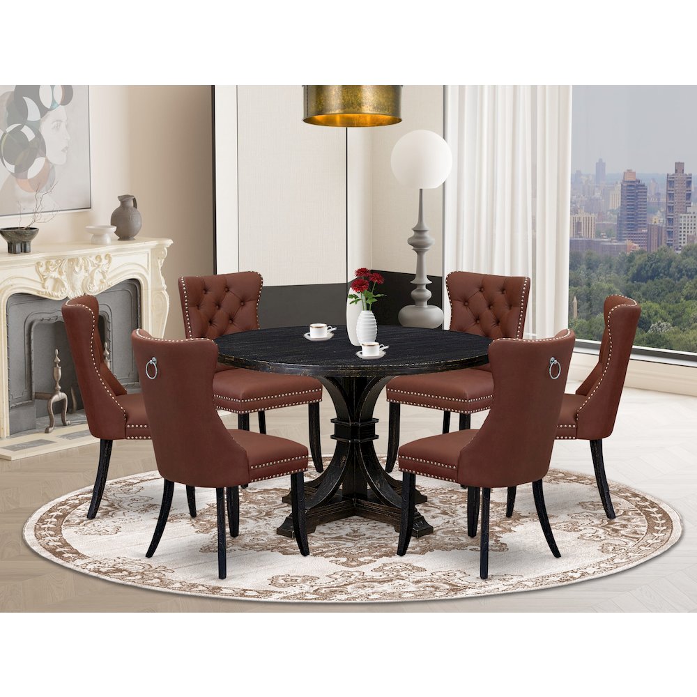 7 Piece Dining Table Set Includes 48″ Round Table In Burgandy Color