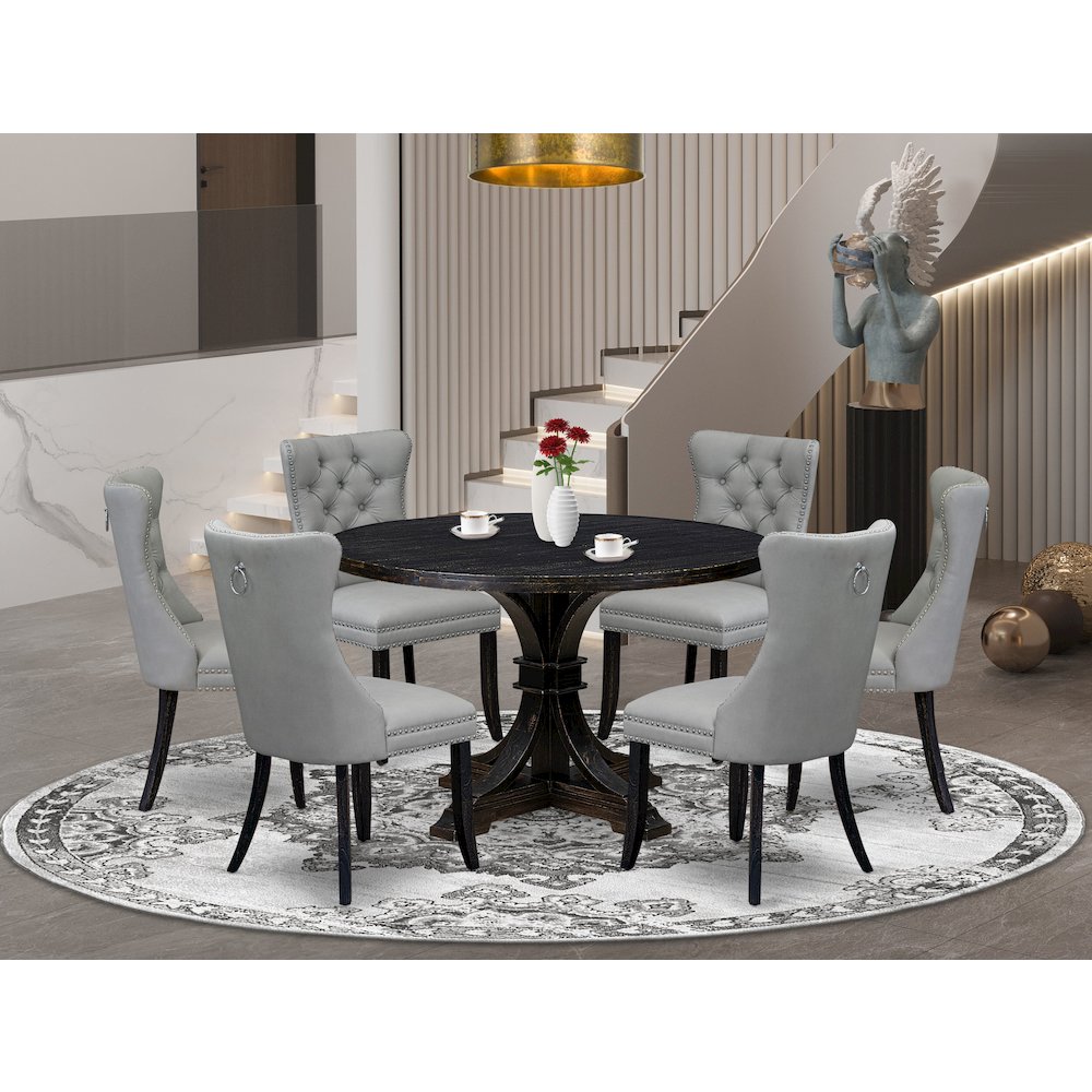 7 Piece Dining Table Set Includes 48″ Round Table In Light Gray Color