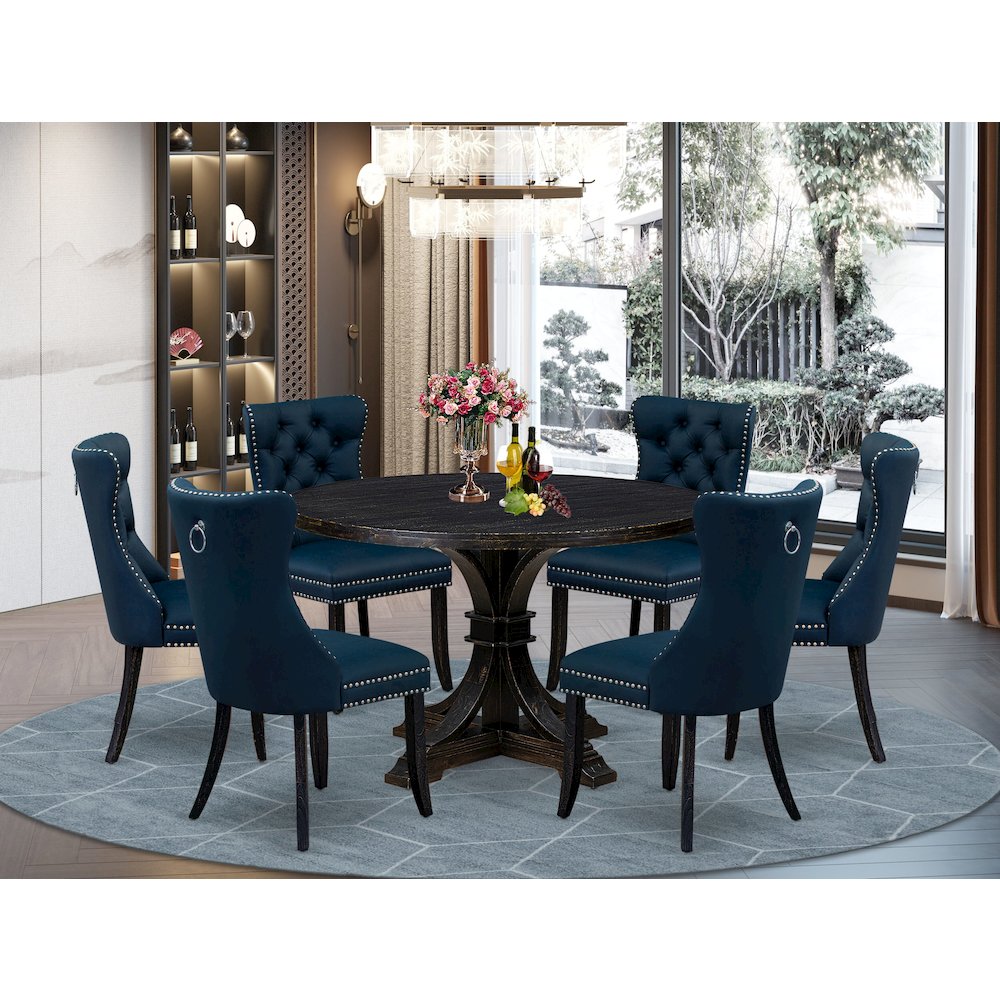 7 Piece Dining Table Set Includes 48″ Round Table In Navy Blue Color