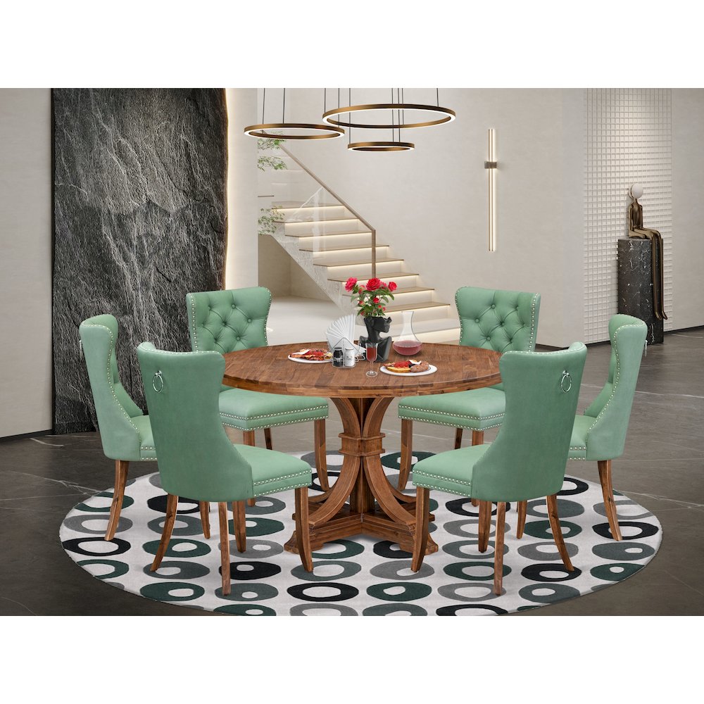 7-Pc Mid Century Table Set Contain A Dining Room Table And 6 Willow Green Chairs