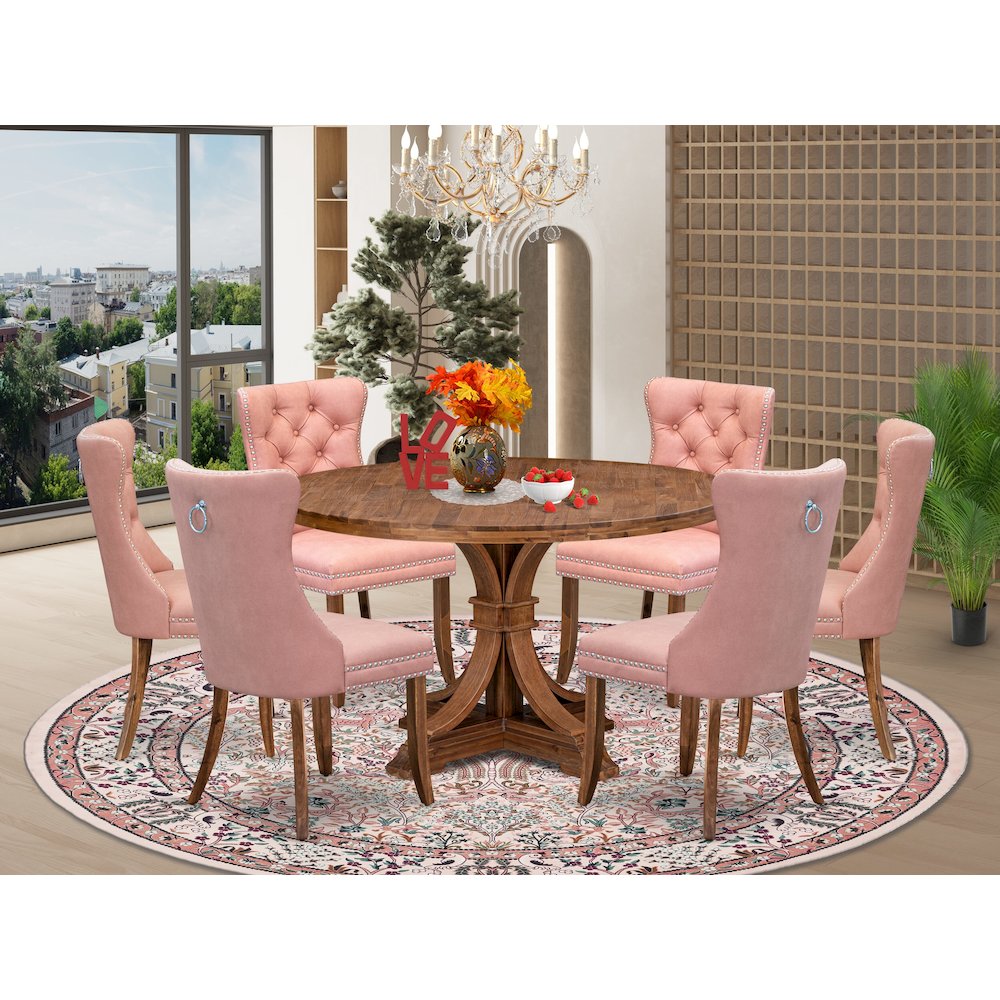 7-Pc Kitchen Table Set Contain A Dining Room Table And 6 Beige Red Dining Chairs