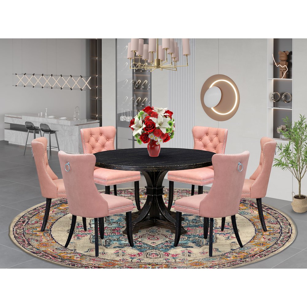 7 Piece Dining Set Contains 54″ Round Kitchen Table In Beige Red Color