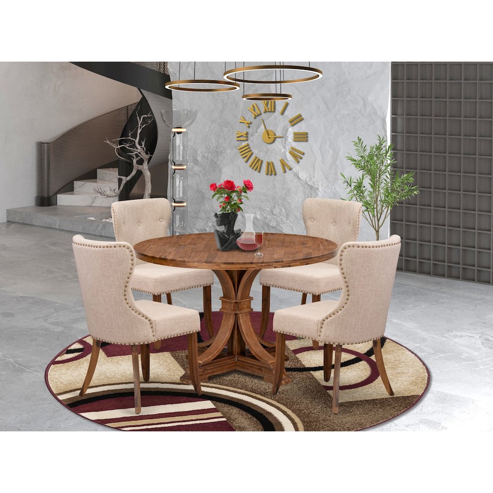 5 Piece Kitchen Table Set Includes 48″ Round Table In Light Tan Color