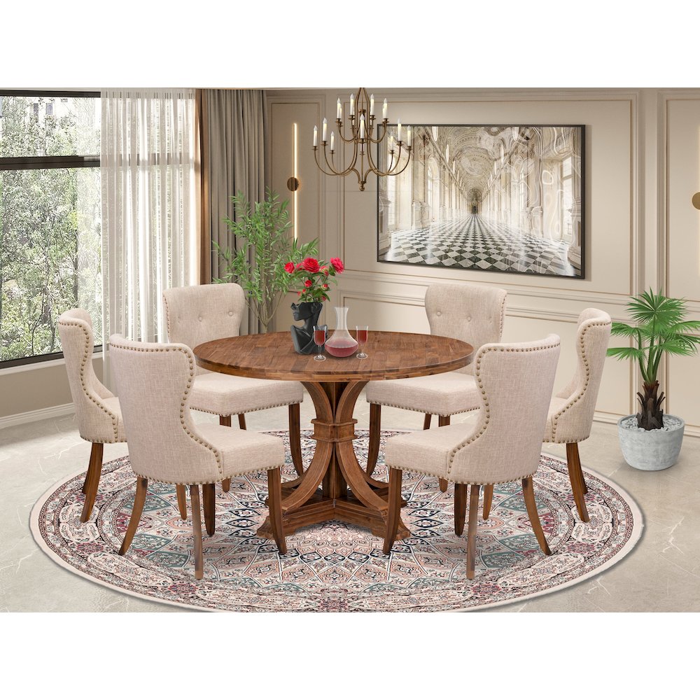 7 Piece Dinette Set Includes 48″ Round Table In Light Tan Color