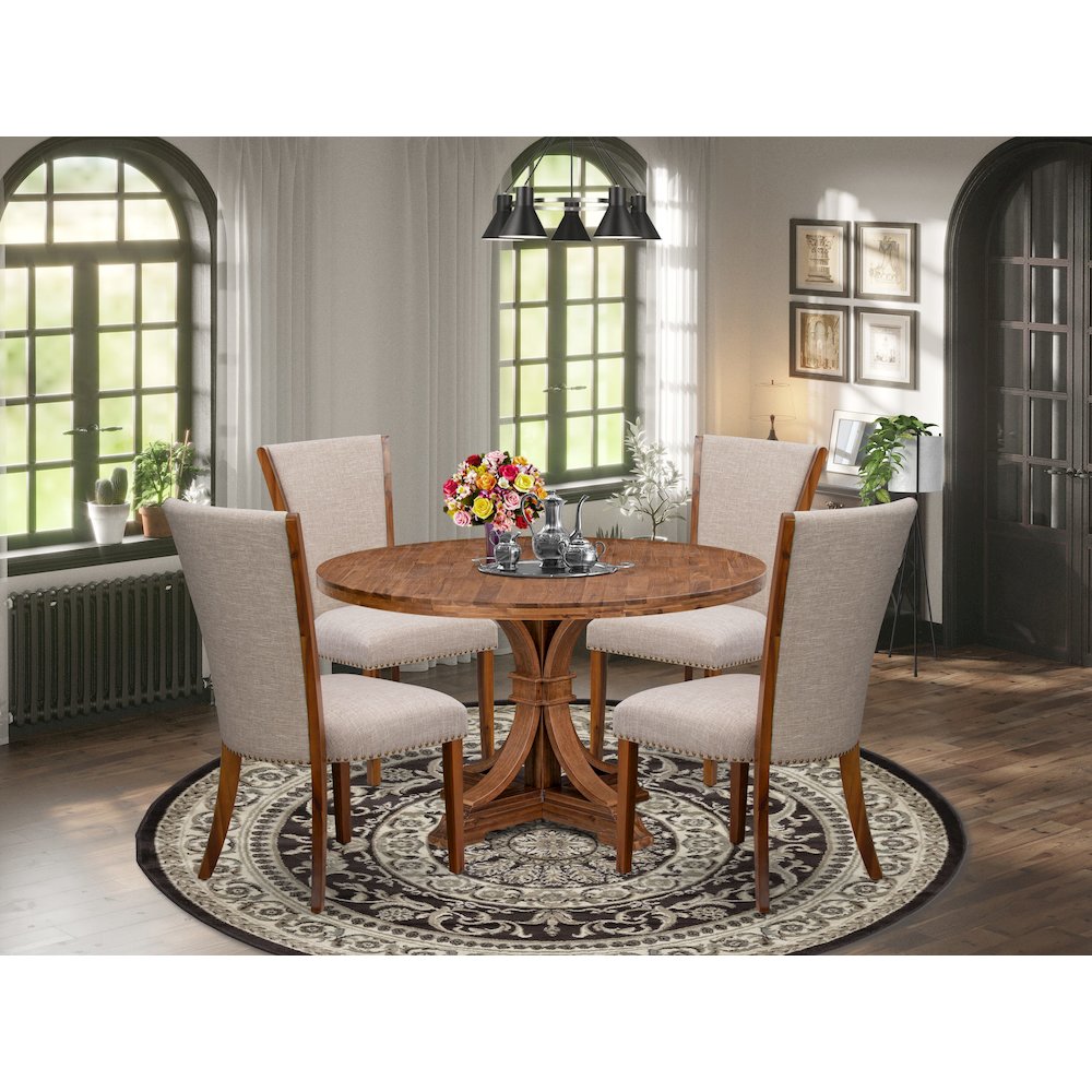 5 Piece Dinette Set For 4 Includes 54″ Round Table In Light Tan Color