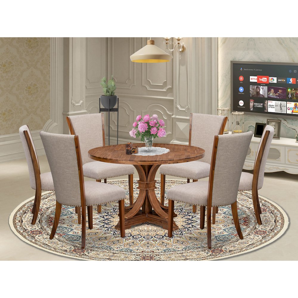 7 Piece Dining Set For 6 Contains 48″ Round Table In Light Tan Color