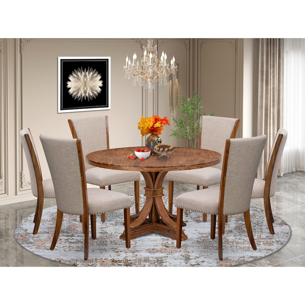 7 Piece Dining Set Consists Of 54″ Round Kitchen Table In Light Tan Color