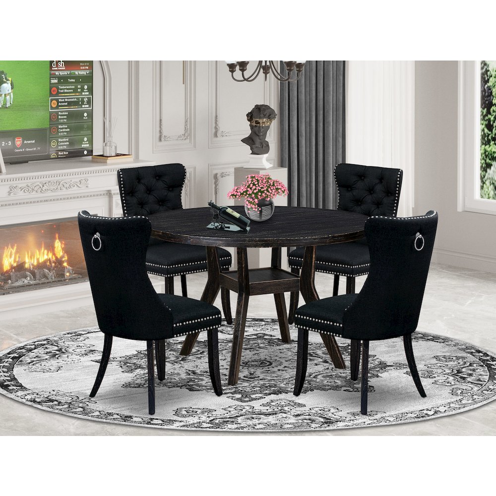 5-Piece Dining Table A Dining Table And 4 Black Linen Fabric Dining Chairs