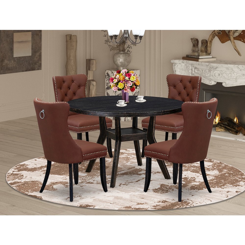5 Piece Dining Table Set Consists Of 48″ Round Table In Burgandy Color