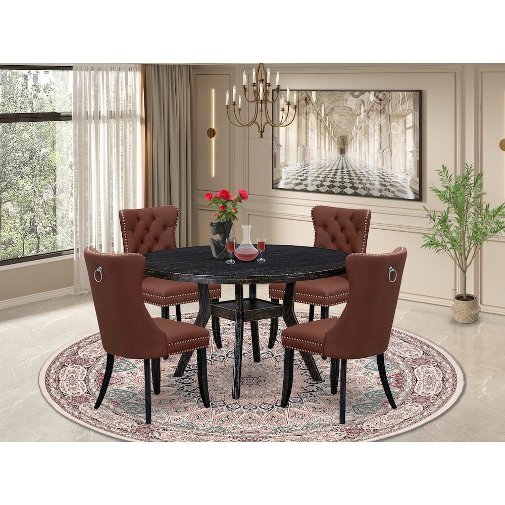 5 Piece Dining Table Set Consists Of 54″ Round Table In Burgandy Color